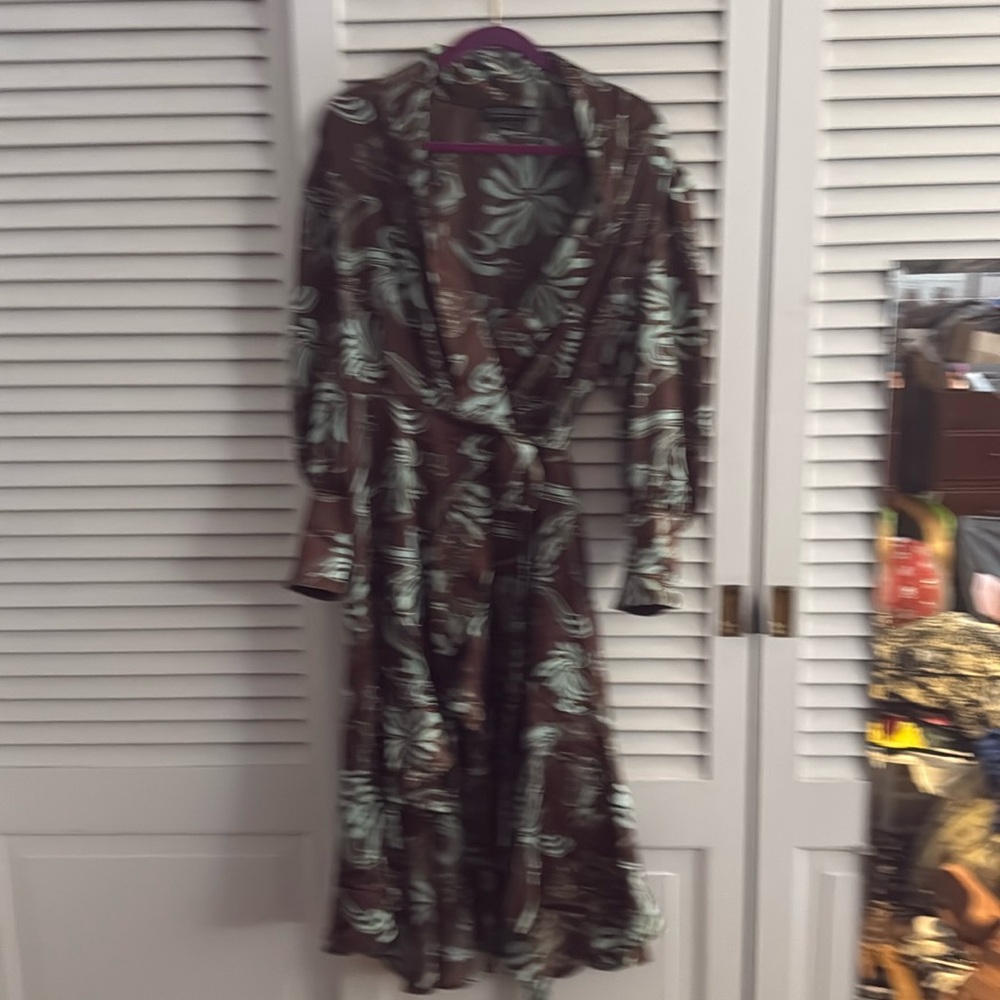 Mint and chocolate wrap dress with ruffle hem